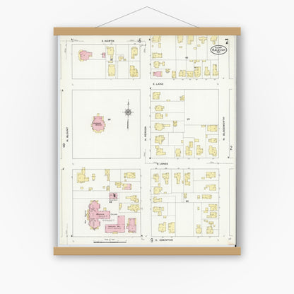 Old map wall art mockup — magnetic wood frame on white wall — Sanborn Fire Insurance Map from Raleigh, Wake County, North Carolina (1909), Sheet #0007