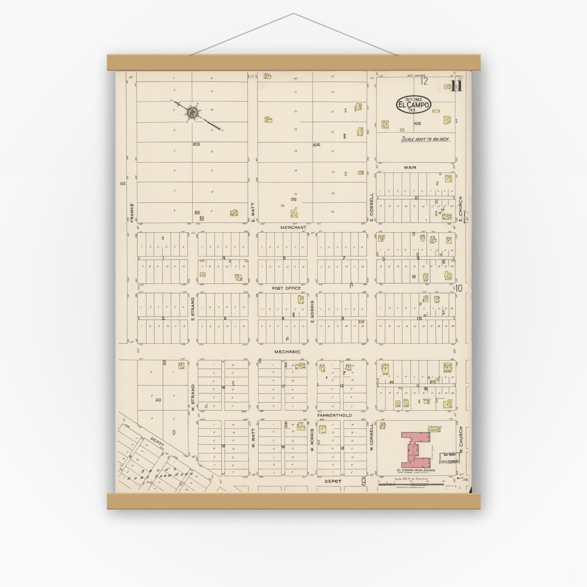 Old map wall art mockup — magnetic wood frame on white wall — Sanborn Fire Insurance Map from El Campo, Wharton County, Texas (1922), Sheet #0011
