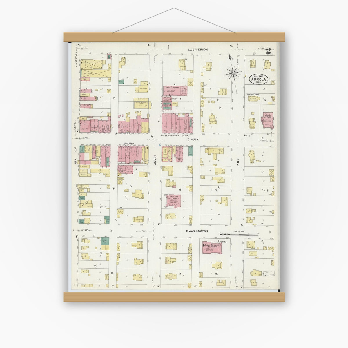 Old map wall art mockup — magnetic wood frame on white wall — Sanborn Fire Insurance Map from Arcola, Douglas County, Illinois (1907), Sheet #0002