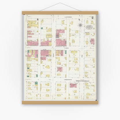 Old map wall art mockup — magnetic wood frame on white wall — Sanborn Fire Insurance Map from Arcola, Douglas County, Illinois (1907), Sheet #0002