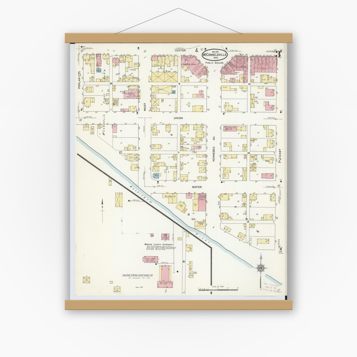 Old map wall art mockup — magnetic wood frame on white wall — Sanborn Fire Insurance Map from McConnelsville, Morgan County, Ohio (1911), Sheet #0003