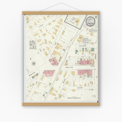 Old map wall art mockup — magnetic wood frame on white wall — Sanborn Fire Insurance Map from Laingsburg, Shiawassee County, Michigan (1901) - Complete Map Set