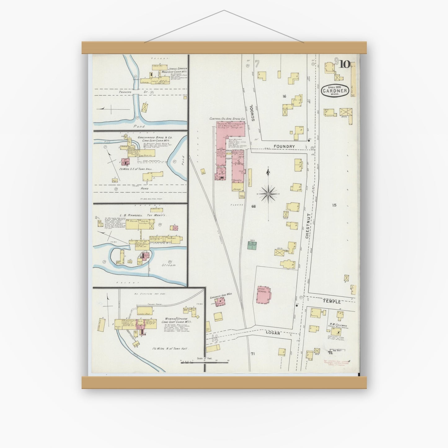 Old map wall art mockup — magnetic wood frame on white wall — Sanborn Fire Insurance Map from Gardner, Worcester County, Massachusetts (1895), Sheet #0010