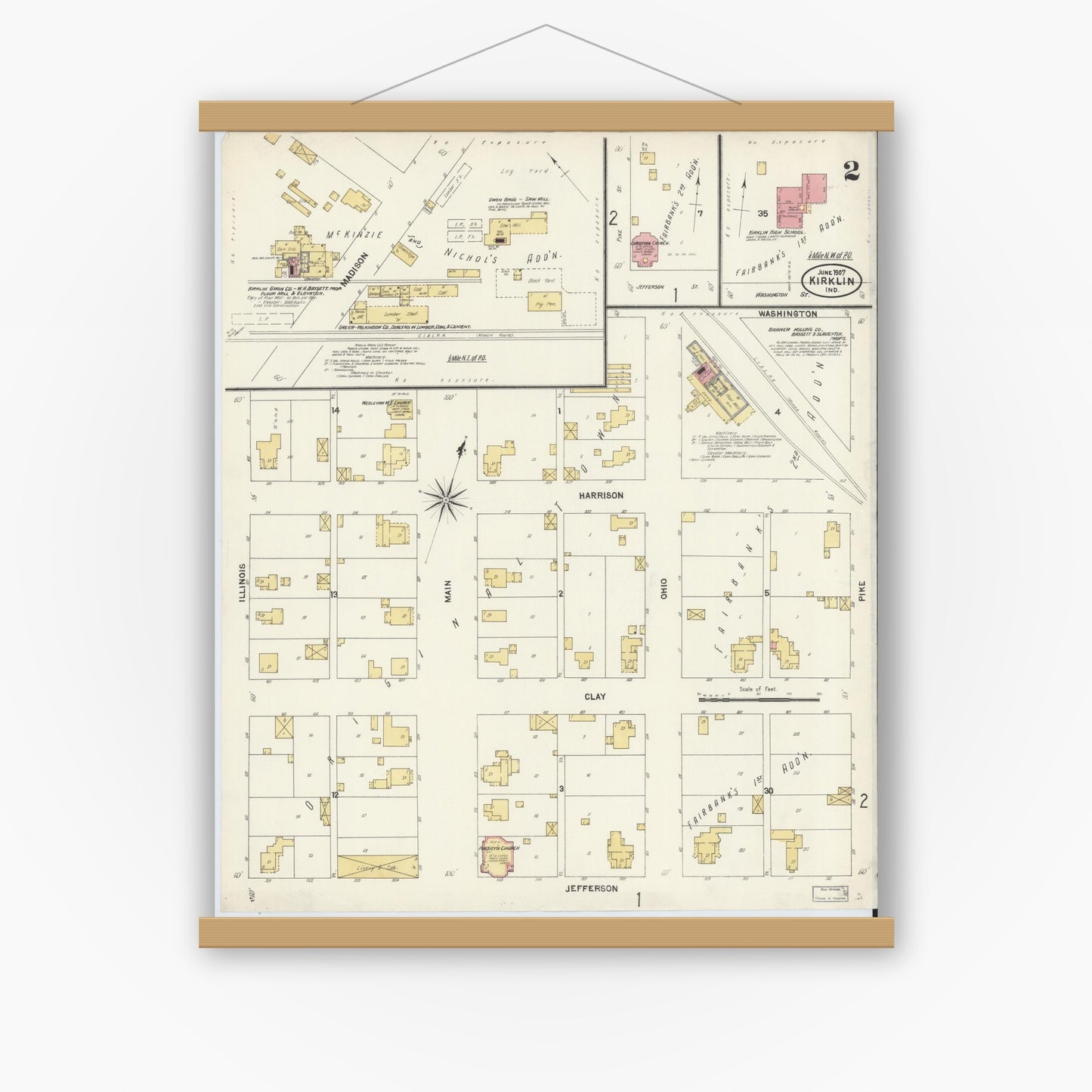 Old map wall art mockup — magnetic wood frame on white wall — Sanborn Fire Insurance Map from Kirklin, Clinton County, Indiana (1907), Sheet #0002