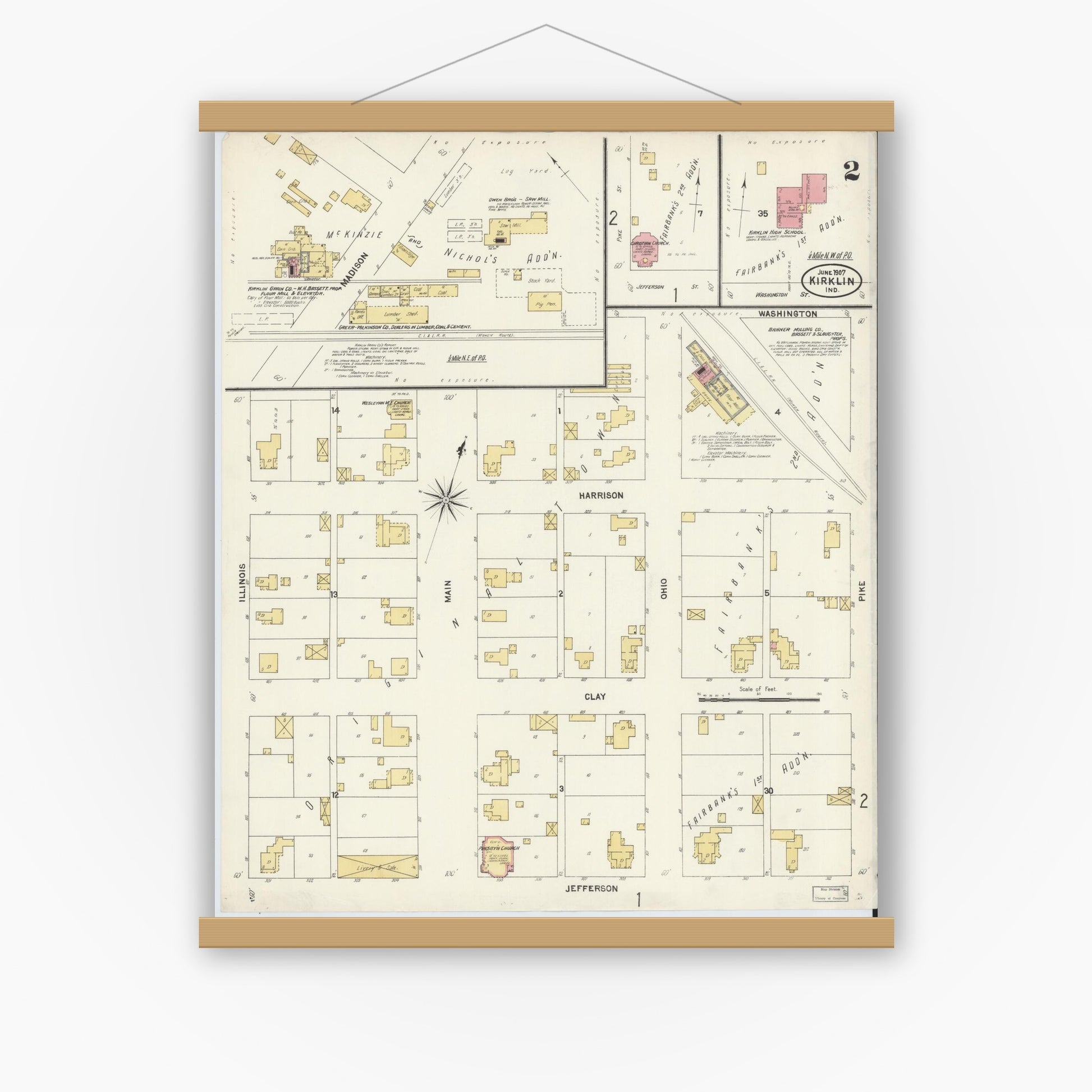 Old map wall art mockup — magnetic wood frame on white wall — Sanborn Fire Insurance Map from Kirklin, Clinton County, Indiana (1907), Sheet #0002