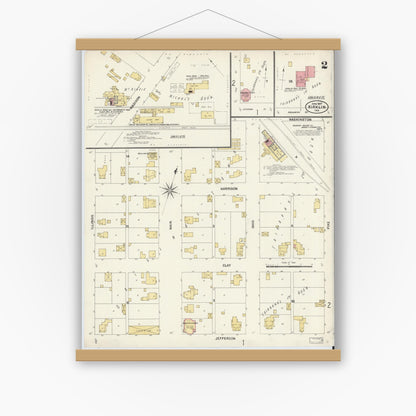 Old map wall art mockup — magnetic wood frame on white wall — Sanborn Fire Insurance Map from Kirklin, Clinton County, Indiana (1907), Sheet #0002