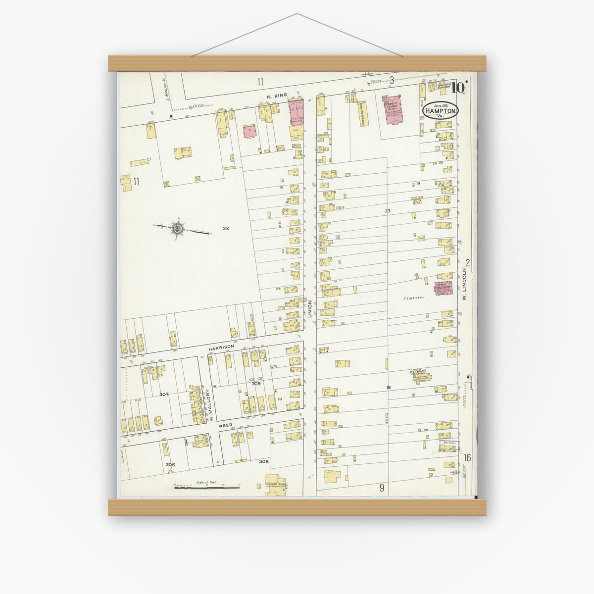 Old map wall art mockup — magnetic wood frame on white wall — Sanborn Fire Insurance Map from Hampton, Independent Cities, Virginia (1916), Sheet #0010
