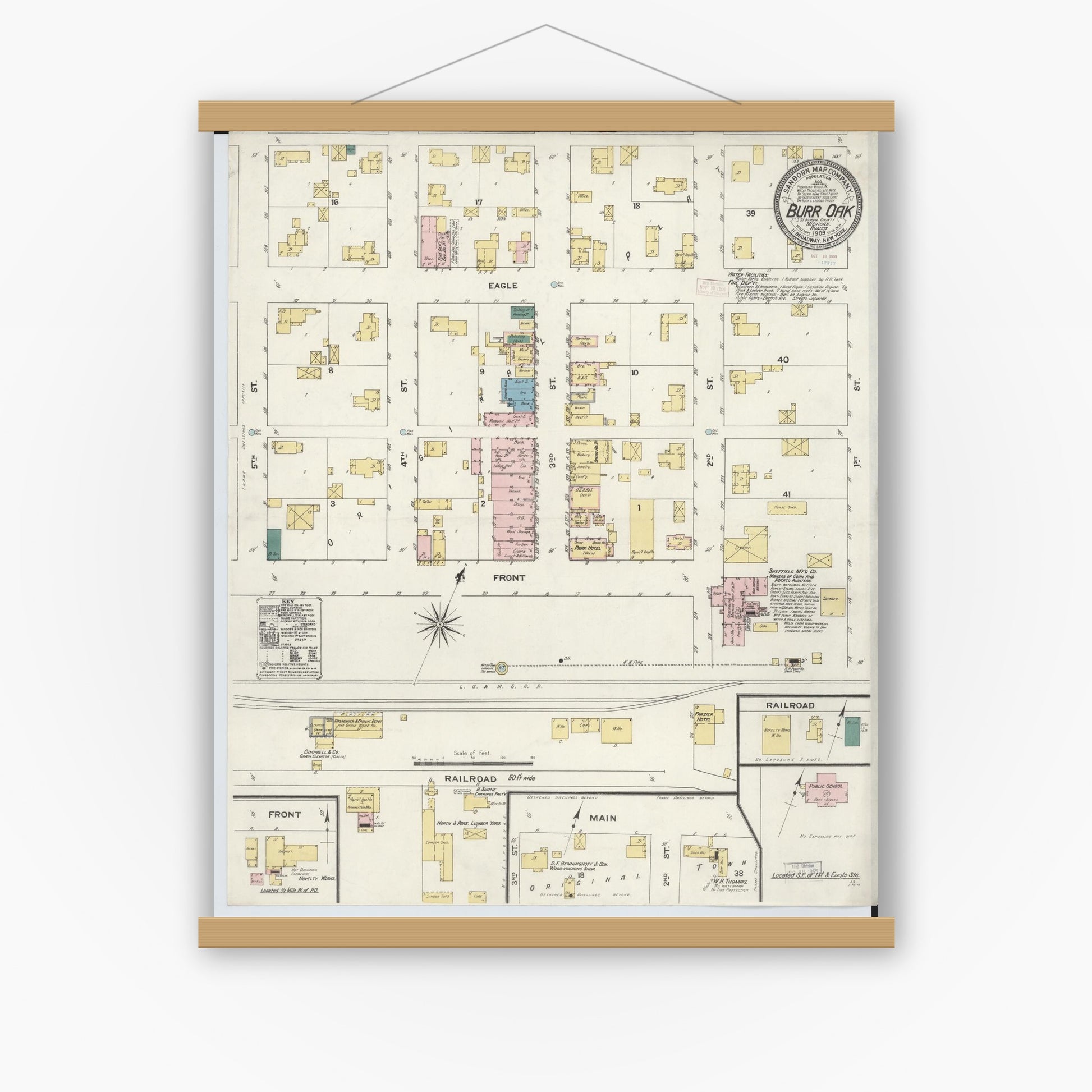 Old map wall art mockup — magnetic wood frame on white wall — Sanborn Fire Insurance Map from Burr Oak, Saint Joseph County, Michigan (1909), Sheet #0001