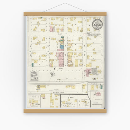 Old map wall art mockup — magnetic wood frame on white wall — Sanborn Fire Insurance Map from Burr Oak, Saint Joseph County, Michigan (1909), Sheet #0001