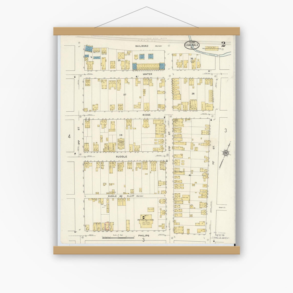 Old map wall art mockup — magnetic wood frame on white wall — Sanborn Fire Insurance Map from Coaldale, Schuylkill County, Pennsylvania (1916), Sheet #0002