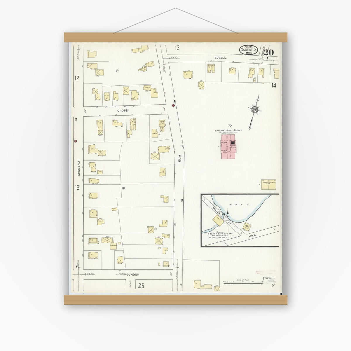 Old map wall art mockup — magnetic wood frame on white wall — Sanborn Fire Insurance Map from Gardner, Worcester County, Massachusetts (1914), Sheet #0020