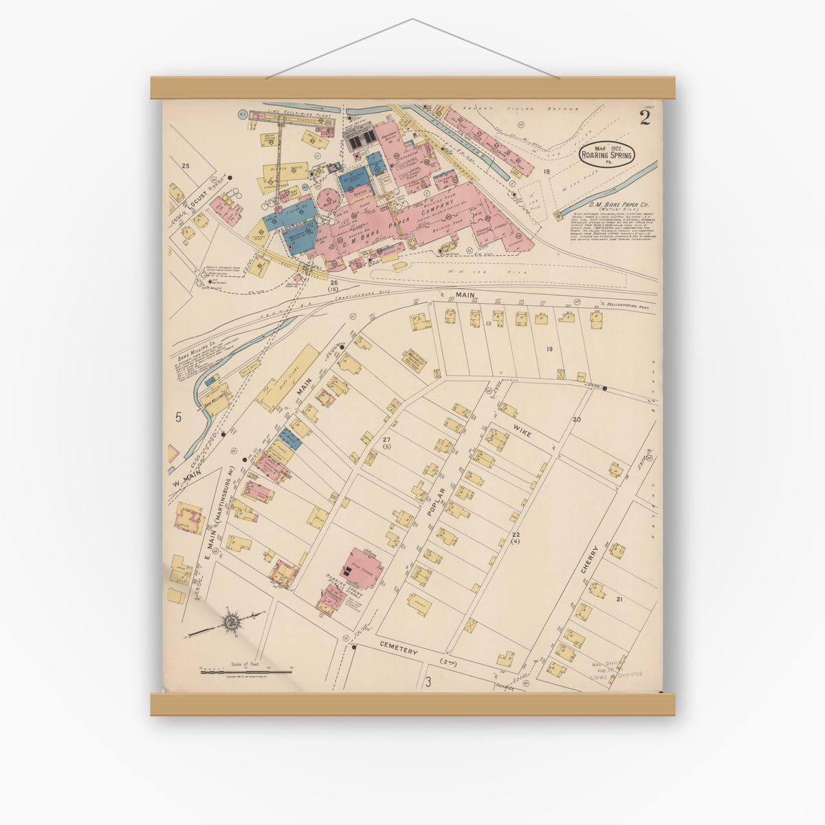 Old map wall art mockup — magnetic wood frame on white wall — Sanborn Fire Insurance Map from Roaring Spring, Blair County, Pennsylvania (1922), Sheet #0002