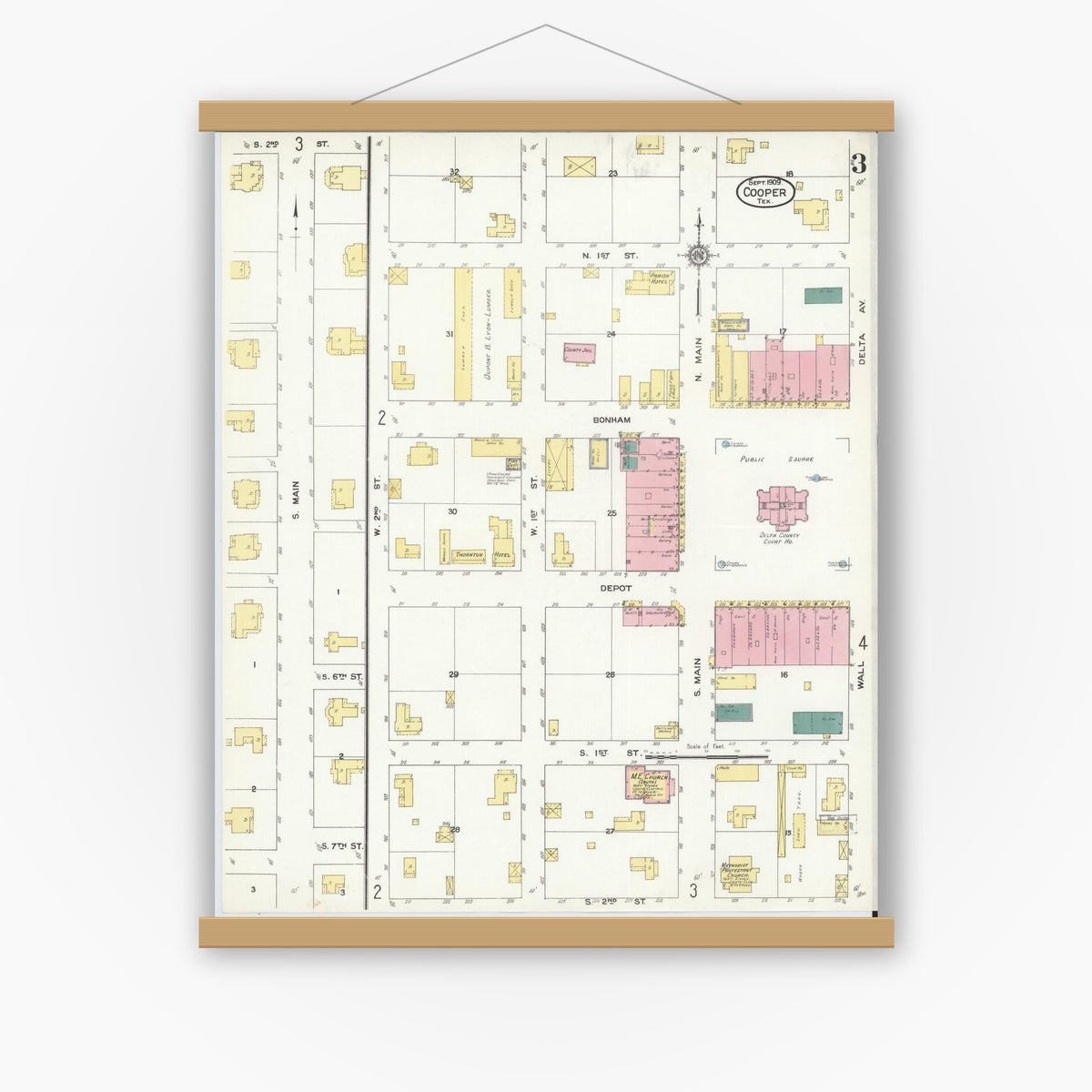 Old map wall art mockup — magnetic wood frame on white wall — Sanborn Fire Insurance Map from Cooper, Delta County, Texas (1909), Sheet #0003