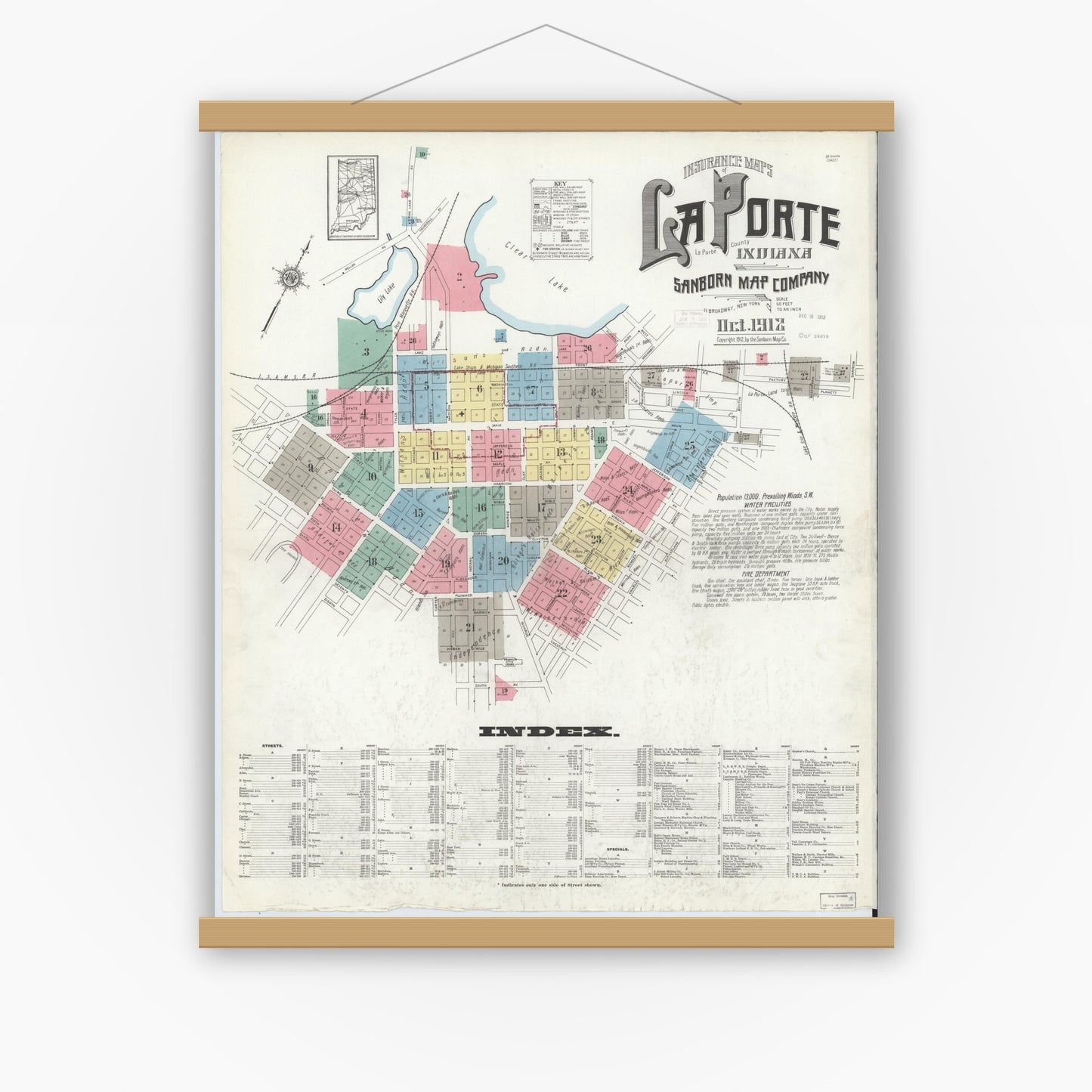 Old map wall art mockup — magnetic wood frame on white wall — Sanborn Fire Insurance Map from La Porte, La Porte County, Indiana (1912), Sheet #0001
