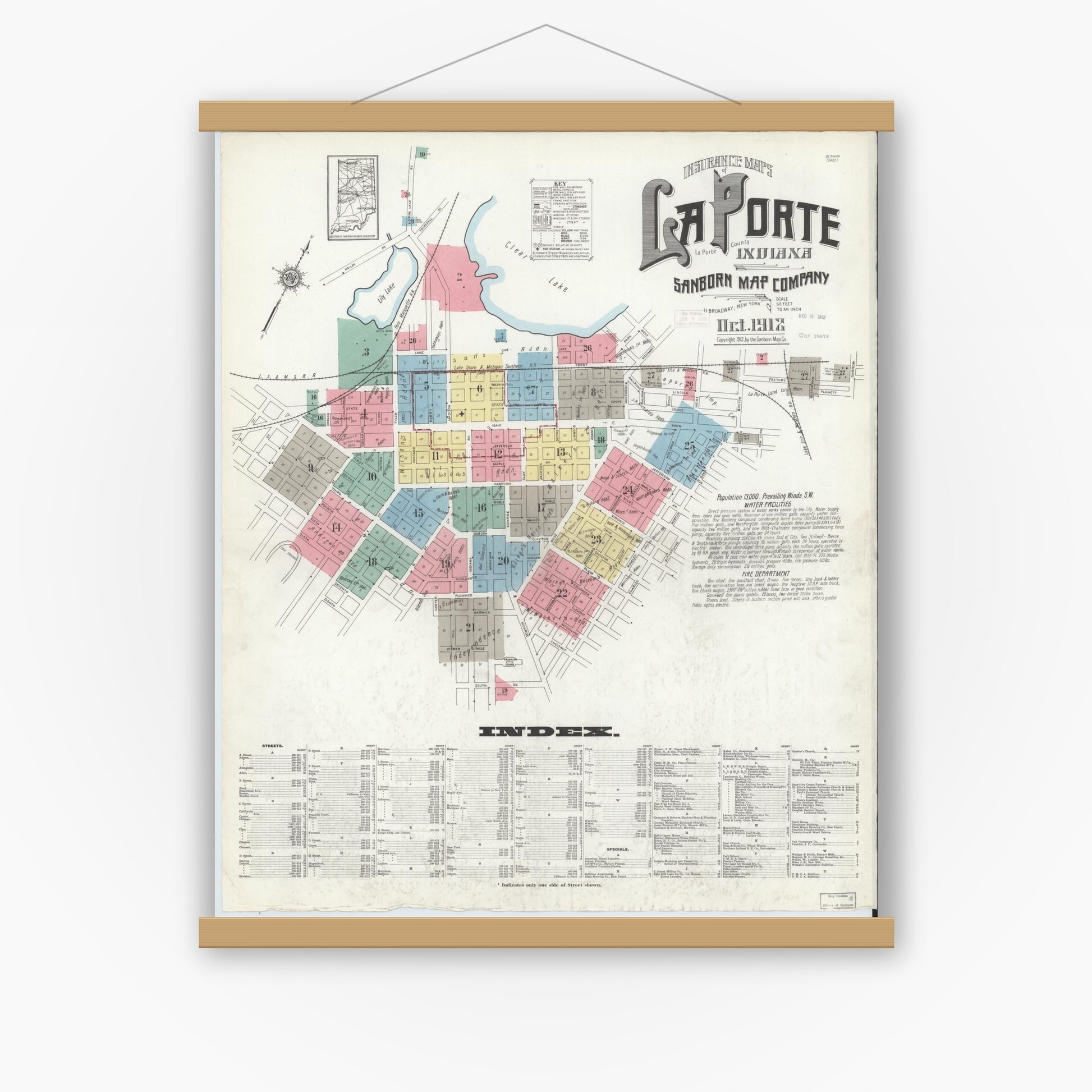 Old map wall art mockup — magnetic wood frame on white wall — Sanborn Fire Insurance Map from La Porte, La Porte County, Indiana (1912), Sheet #0001