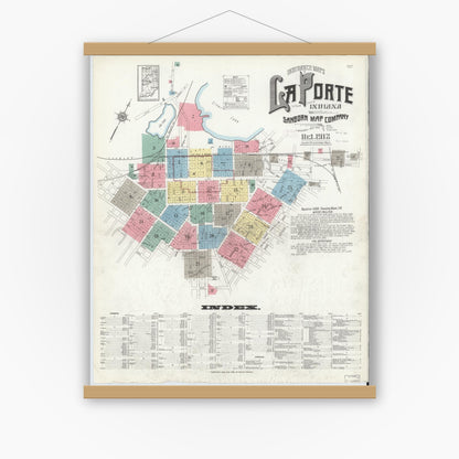 Old map wall art mockup — magnetic wood frame on white wall — Sanborn Fire Insurance Map from La Porte, La Porte County, Indiana (1912), Sheet #0001