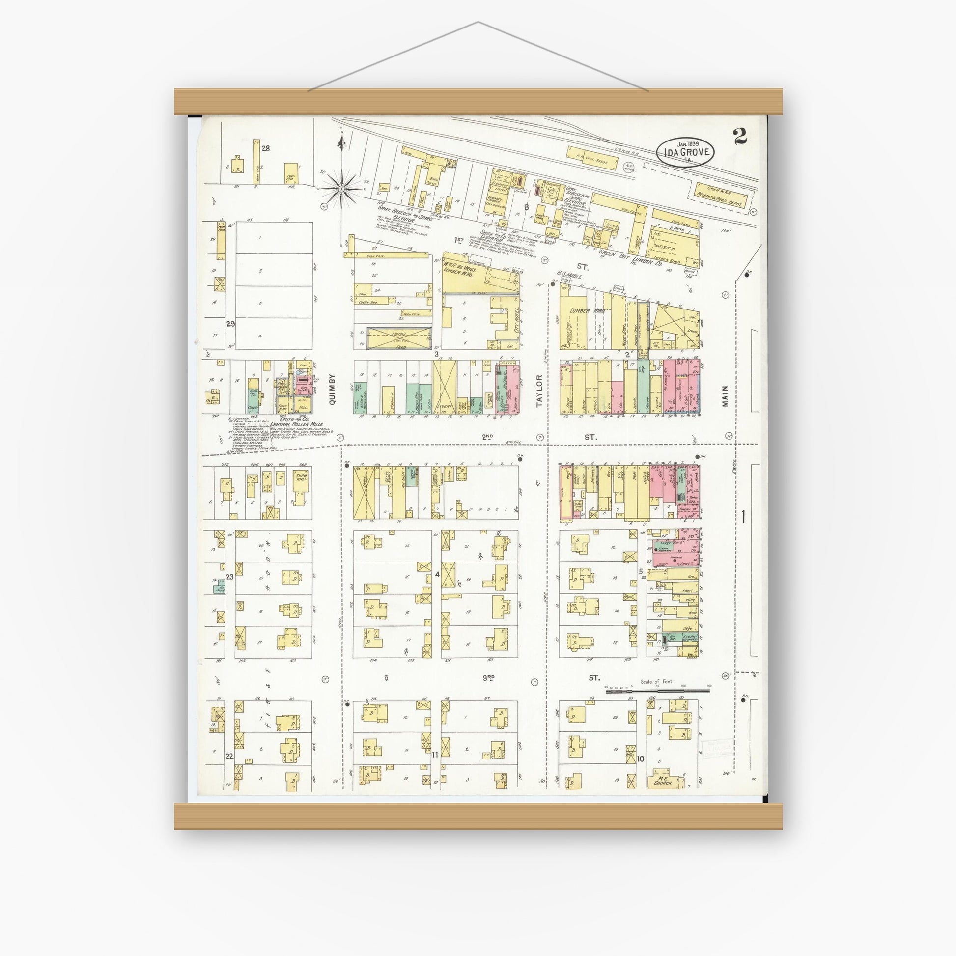 Old map wall art mockup — magnetic wood frame on white wall — Sanborn Fire Insurance Map from Ida Grove, Ida County, Iowa (1899), Sheet #0002