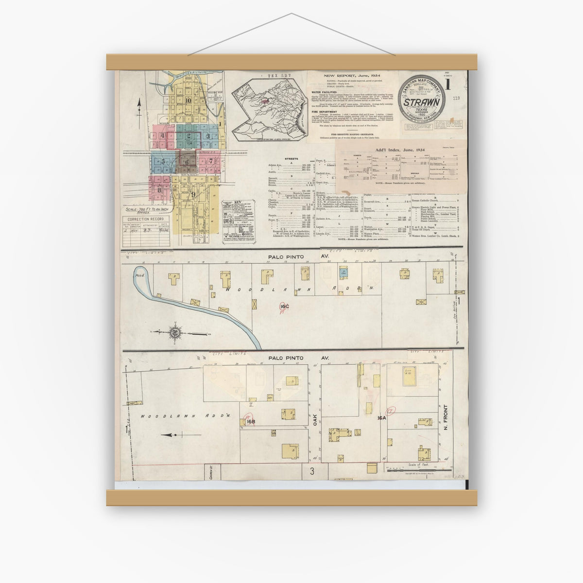 Old map wall art mockup — magnetic wood frame on white wall — Sanborn Fire Insurance Map from Strawn, Palo Pinto County, Texas (1944) - Complete Map Set
