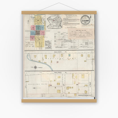 Old map wall art mockup — magnetic wood frame on white wall — Sanborn Fire Insurance Map from Strawn, Palo Pinto County, Texas (1944) - Complete Map Set