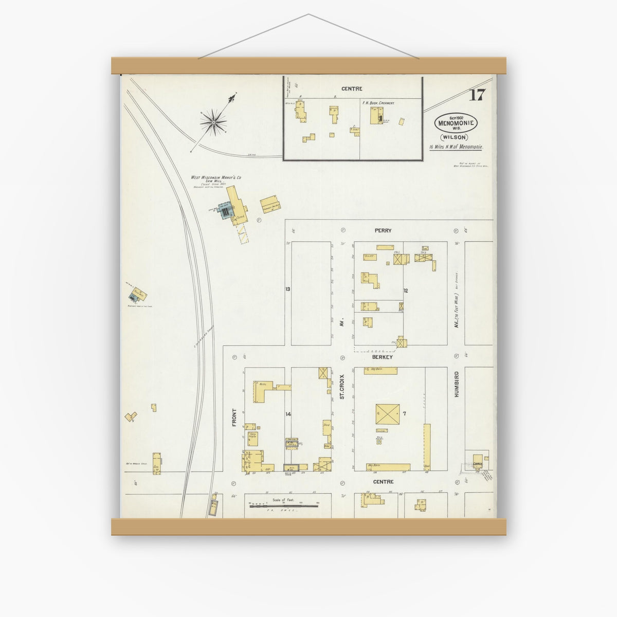 Old map wall art mockup — magnetic wood frame on white wall — Sanborn Fire Insurance Map from Menomonie, Dunn County, Wisconsin (1902), Sheet #0017