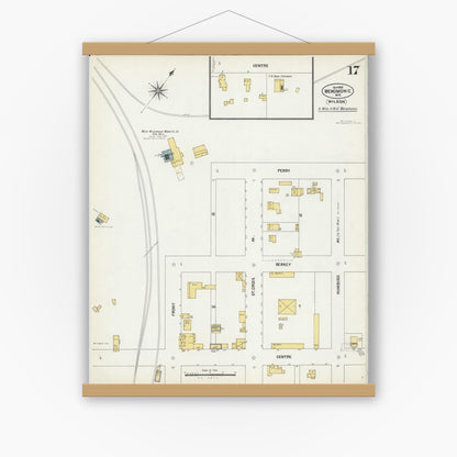 Old map wall art mockup — magnetic wood frame on white wall — Sanborn Fire Insurance Map from Menomonie, Dunn County, Wisconsin (1902), Sheet #0017
