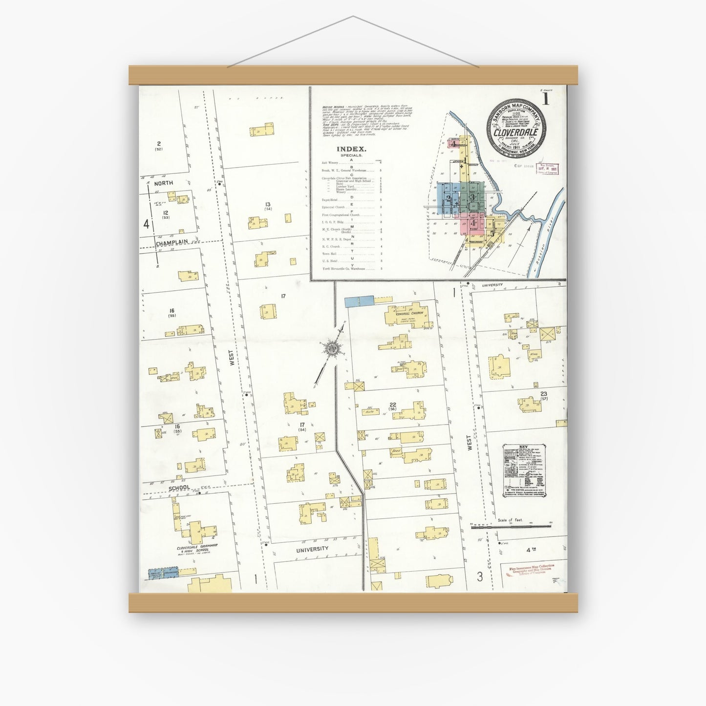 Old map wall art mockup — magnetic wood frame on white wall — Sanborn Fire Insurance Map from Cloverdale, Sonoma County, California (1911) - Complete Map Set