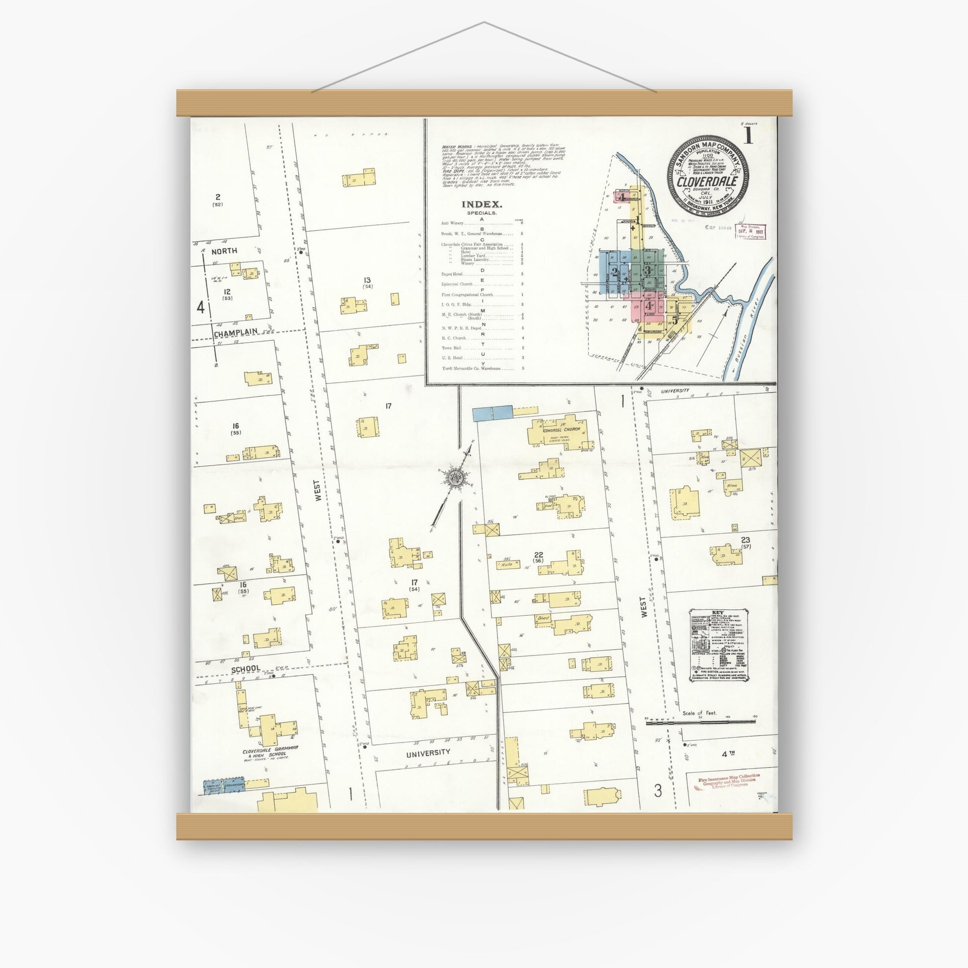 Old map wall art mockup — magnetic wood frame on white wall — Sanborn Fire Insurance Map from Cloverdale, Sonoma County, California (1911) - Complete Map Set