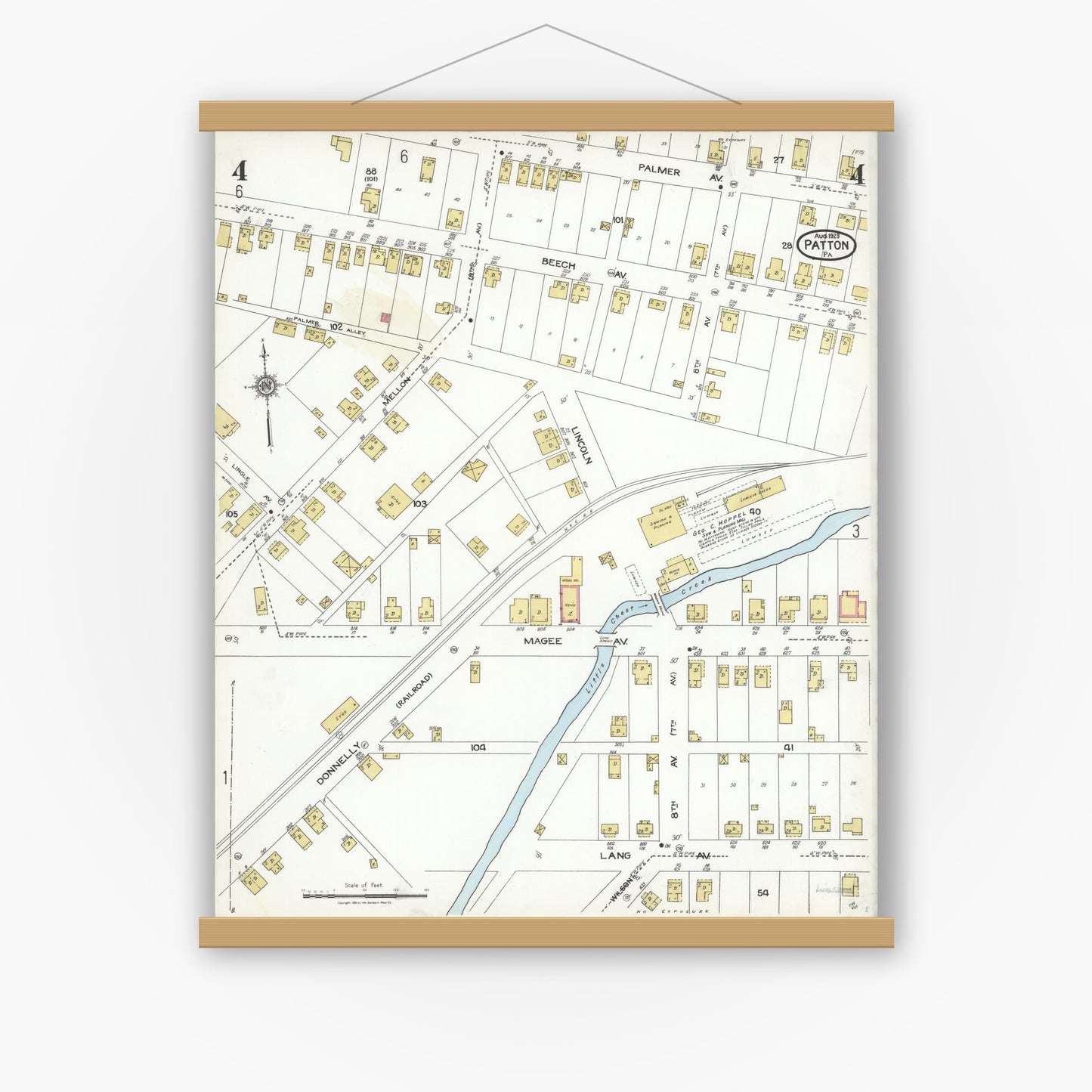 Old map wall art mockup — magnetic wood frame on white wall — Sanborn Fire Insurance Map from Patton, Cambria County, Pennsylvania (1923), Sheet #0004