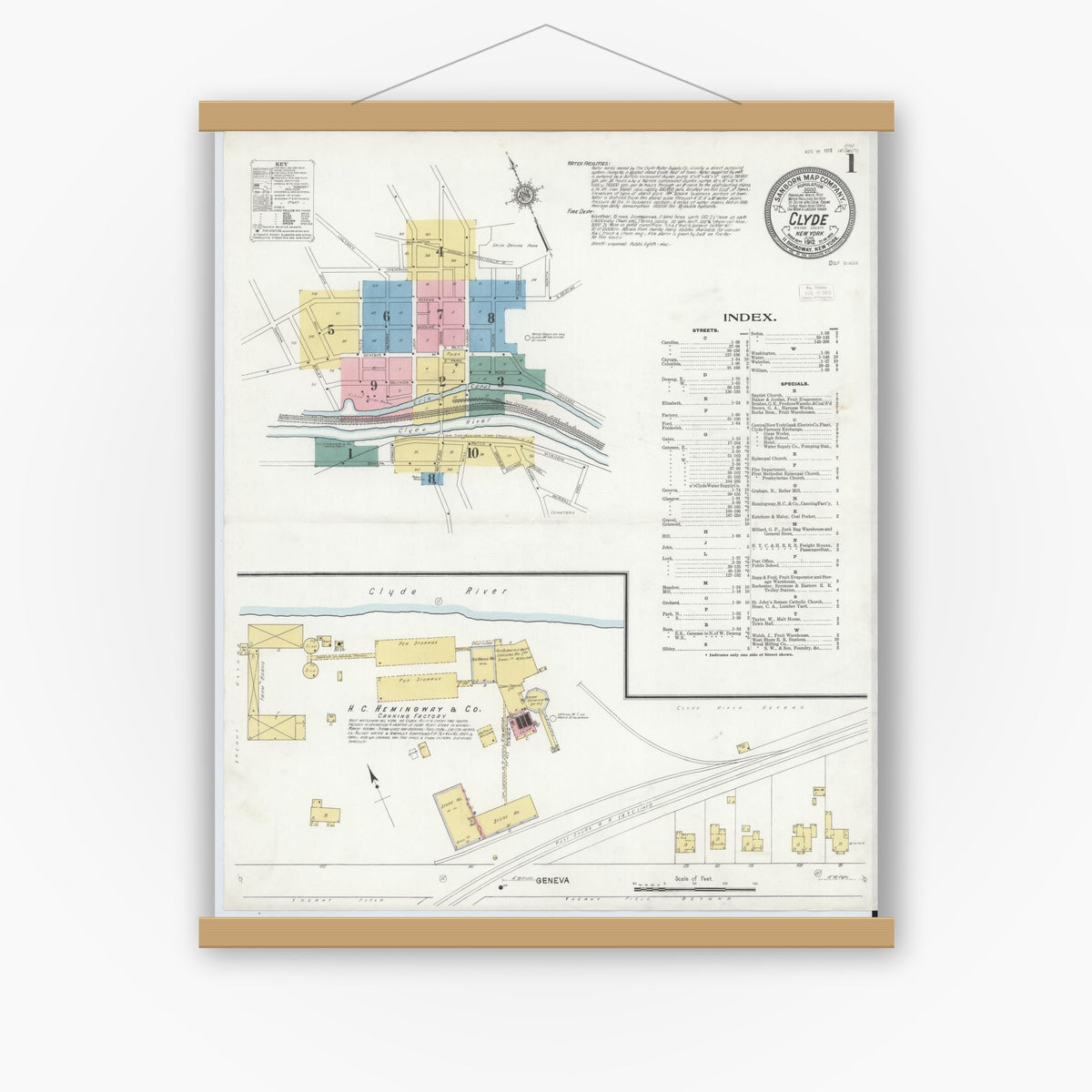 Old map wall art mockup — magnetic wood frame on white wall — Sanborn Fire Insurance Map from Clyde, Wayne County, New York (1912) - Complete Map Set