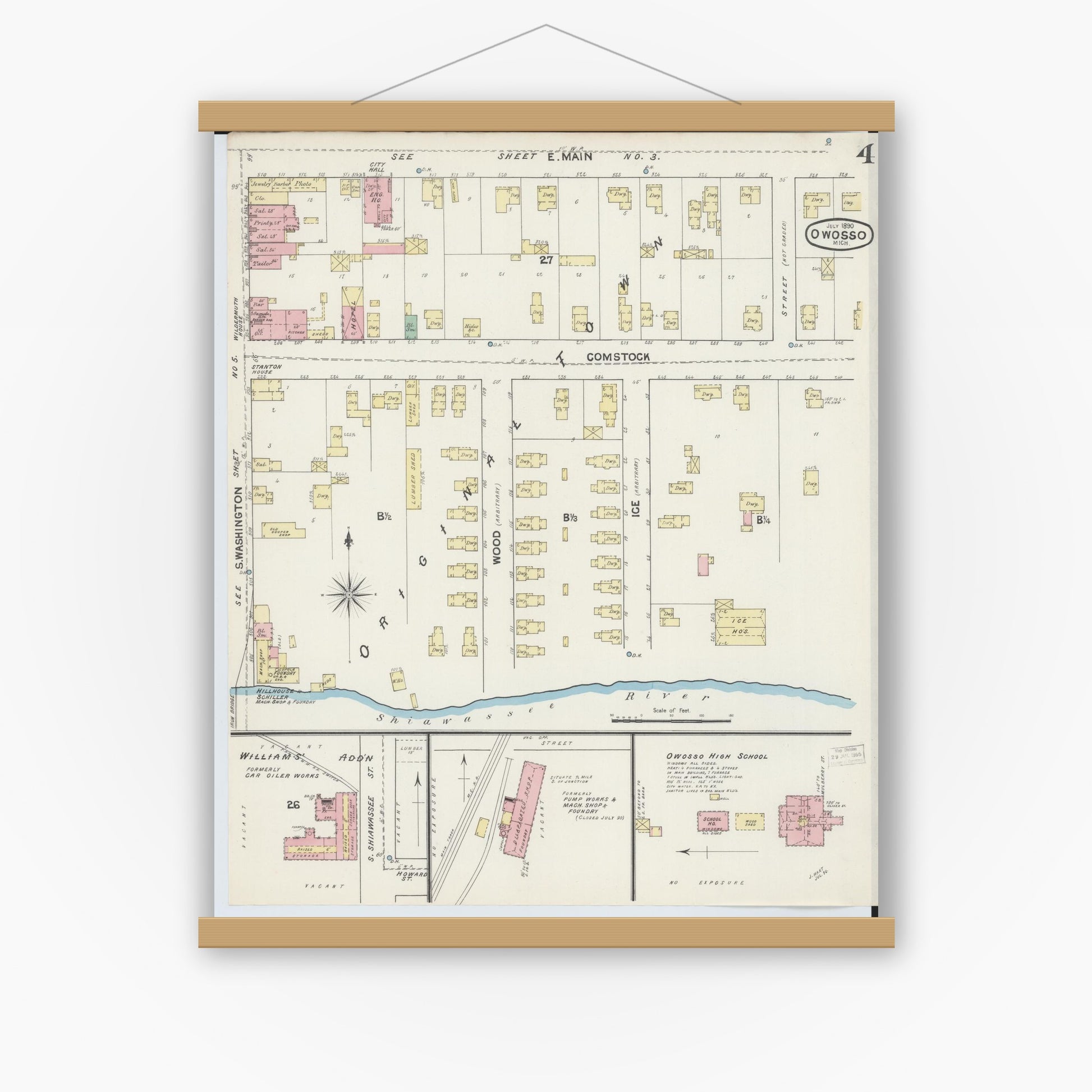 Old map wall art mockup — magnetic wood frame on white wall — Sanborn Fire Insurance Map from Owosso, Shiawassee County, Michigan (1890), Sheet #0004