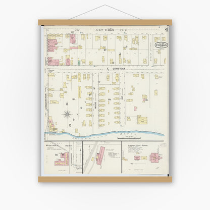 Old map wall art mockup — magnetic wood frame on white wall — Sanborn Fire Insurance Map from Owosso, Shiawassee County, Michigan (1890), Sheet #0004