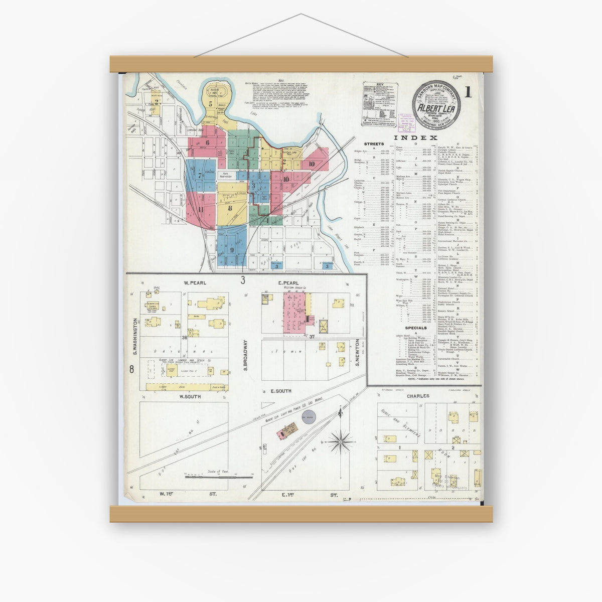 Old map wall art mockup — magnetic wood frame on white wall — Sanborn Fire Insurance Map from Albert Lea, Freeborn County, Minnesota (1905) - Complete Map Set