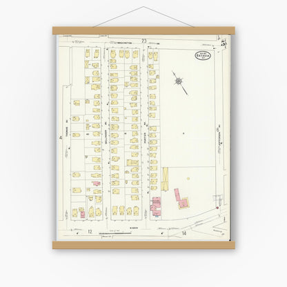 Old map wall art mockup — magnetic wood frame on white wall — Sanborn Fire Insurance Map from Batavia, Genesee County, New York (1912), Sheet #0005