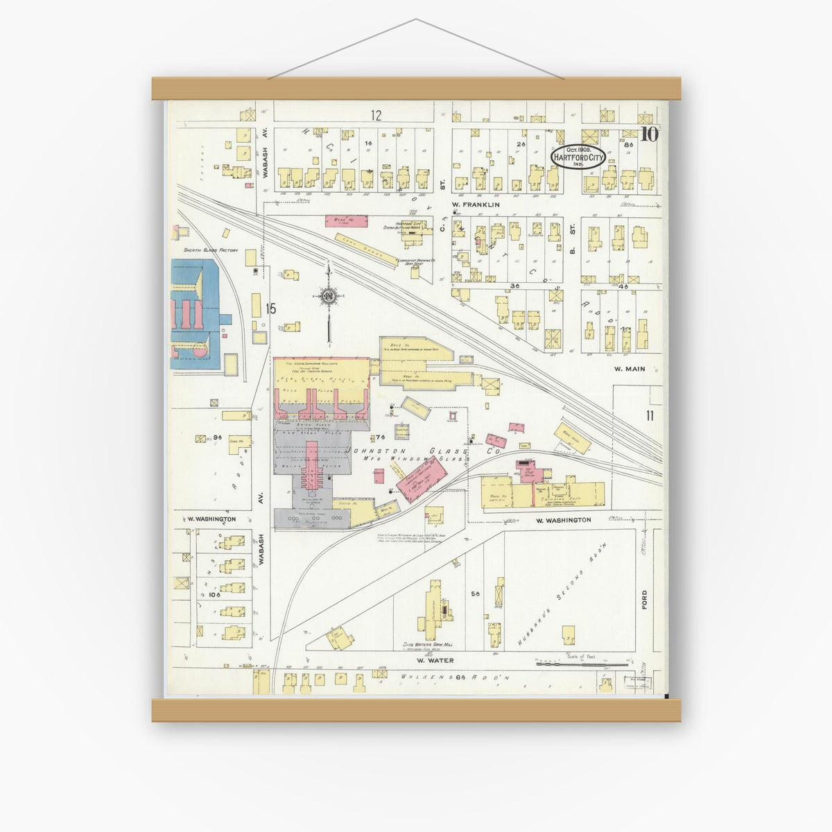 Old map wall art mockup — magnetic wood frame on white wall — Sanborn Fire Insurance Map from Hartford City, Blackford County, Indiana (1909), Sheet #0010