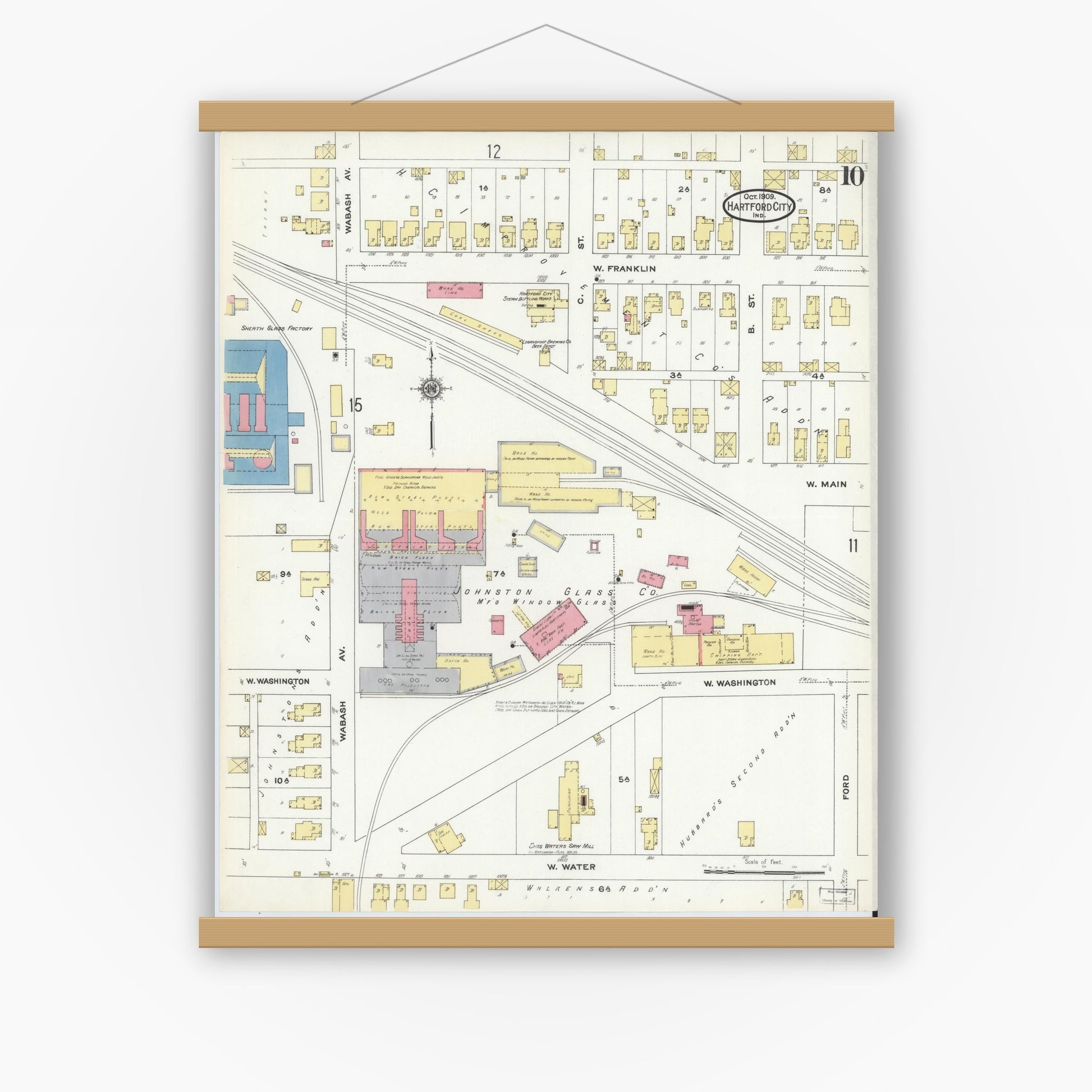 Old map wall art mockup — magnetic wood frame on white wall — Sanborn Fire Insurance Map from Hartford City, Blackford County, Indiana (1909), Sheet #0010