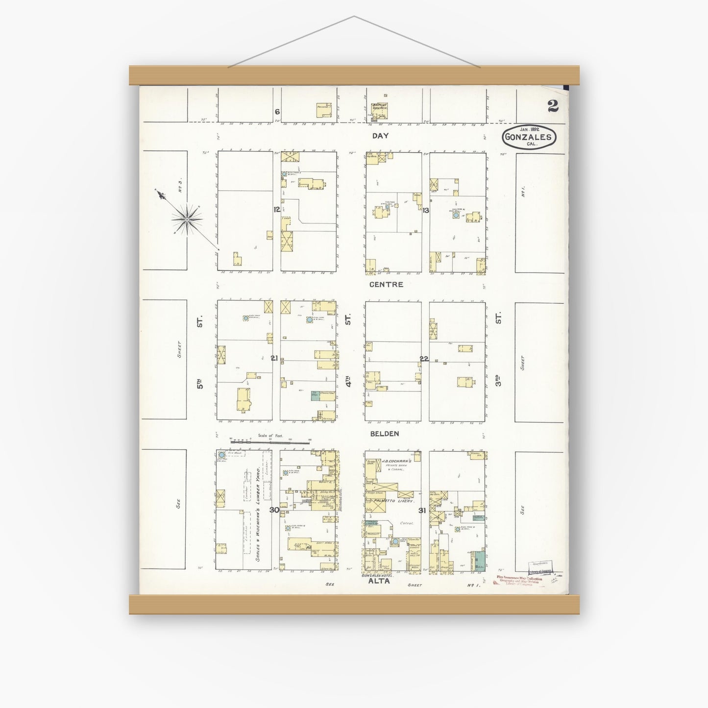 Old map wall art mockup — magnetic wood frame on white wall — Sanborn Fire Insurance Map from Gonzales, Monterey County, California (1892), Sheet #0002