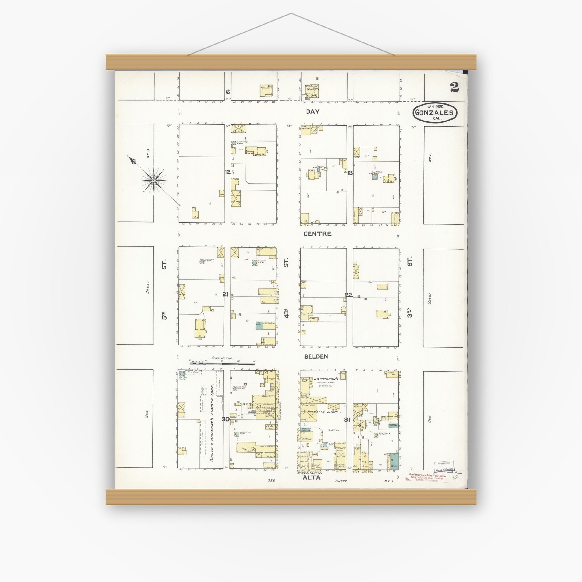 Old map wall art mockup — magnetic wood frame on white wall — Sanborn Fire Insurance Map from Gonzales, Monterey County, California (1892), Sheet #0002