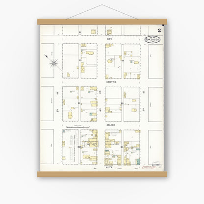 Old map wall art mockup — magnetic wood frame on white wall — Sanborn Fire Insurance Map from Gonzales, Monterey County, California (1892), Sheet #0002