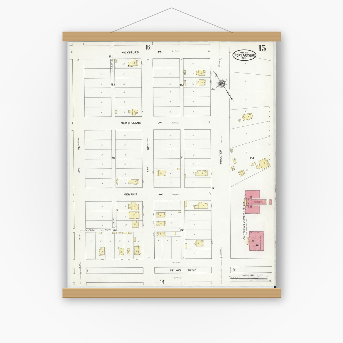 Old map wall art mockup — magnetic wood frame on white wall — Sanborn Fire Insurance Map from Port Arthur, Jefferson County, Texas (1910), Sheet #0015
