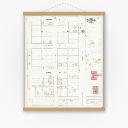 Old map wall art mockup — magnetic wood frame on white wall — Sanborn Fire Insurance Map from Port Arthur, Jefferson County, Texas (1910), Sheet #0015