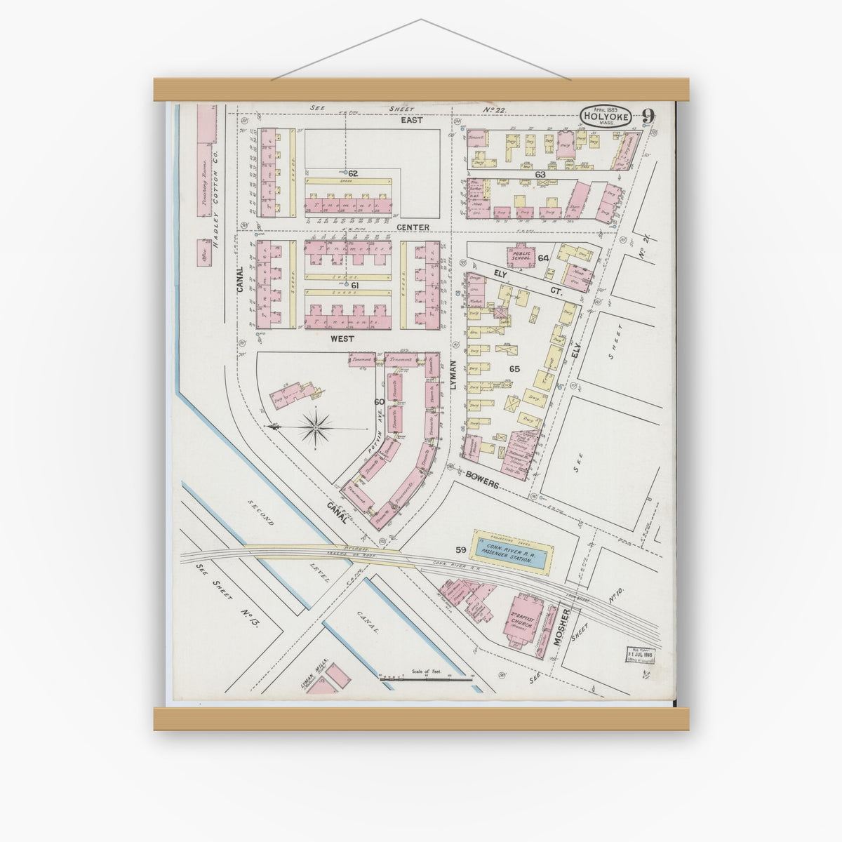 Old map wall art mockup — magnetic wood frame on white wall — Sanborn Fire Insurance Map from Holyoke, Hampden County, Massachusetts (1889), Sheet #0009