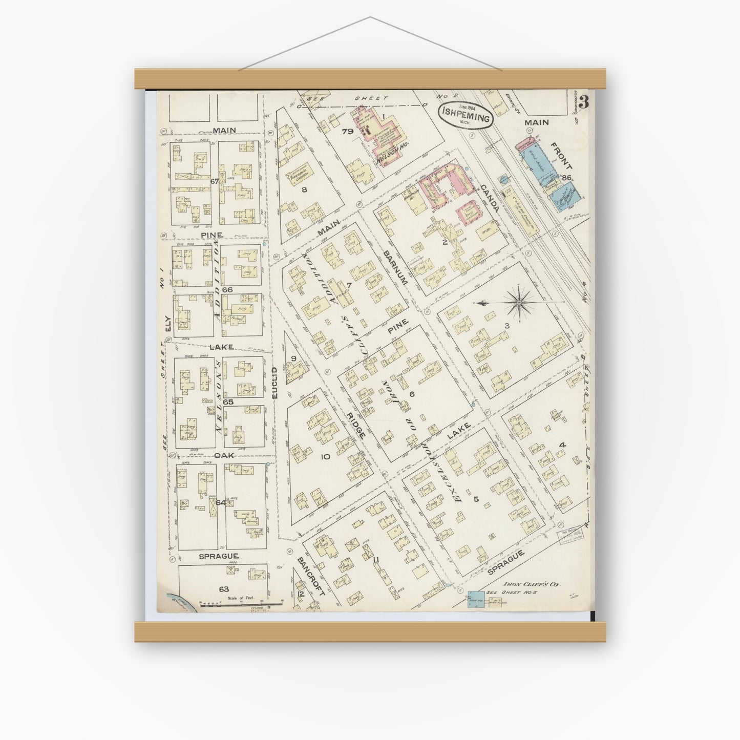 Old map wall art mockup — magnetic wood frame on white wall — Sanborn Fire Insurance Map from Ishpeming, Marquette County, Michigan (1884), Sheet #0003