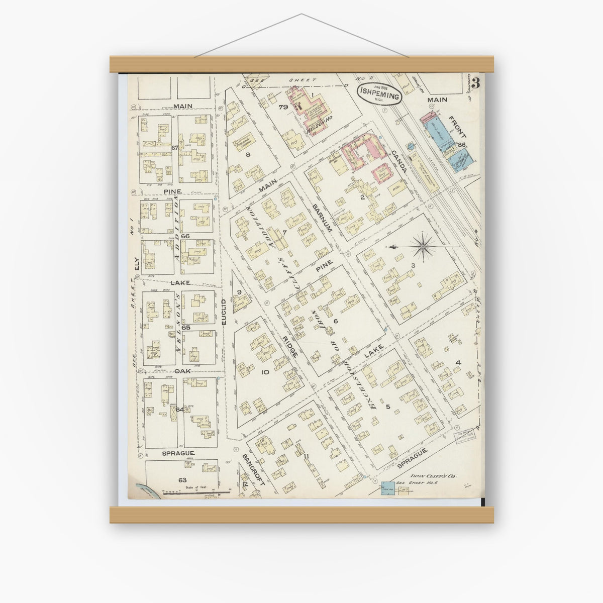 Old map wall art mockup — magnetic wood frame on white wall — Sanborn Fire Insurance Map from Ishpeming, Marquette County, Michigan (1884), Sheet #0003