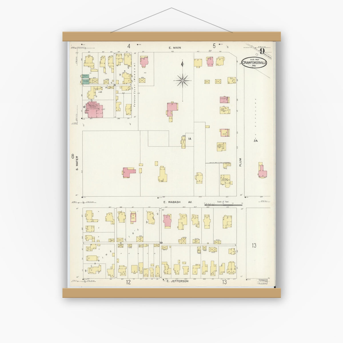 Old map wall art mockup — magnetic wood frame on white wall — Sanborn Fire Insurance Map from Crawfordsville, Montgomery County, Indiana (1907), Sheet #0009