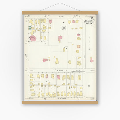 Old map wall art mockup — magnetic wood frame on white wall — Sanborn Fire Insurance Map from Crawfordsville, Montgomery County, Indiana (1907), Sheet #0009