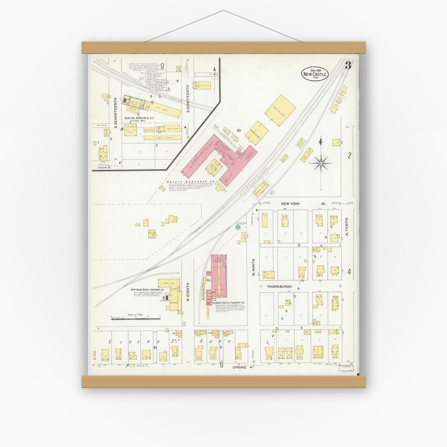 Old map wall art mockup — magnetic wood frame on white wall — Sanborn Fire Insurance Map from New Castle, Henry County, Indiana (1908), Sheet #0003
