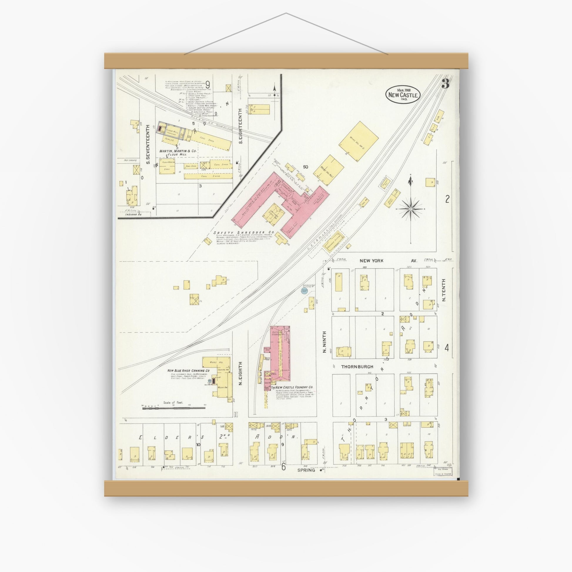 Old map wall art mockup — magnetic wood frame on white wall — Sanborn Fire Insurance Map from New Castle, Henry County, Indiana (1908), Sheet #0003