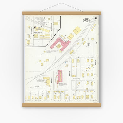 Old map wall art mockup — magnetic wood frame on white wall — Sanborn Fire Insurance Map from New Castle, Henry County, Indiana (1908), Sheet #0003