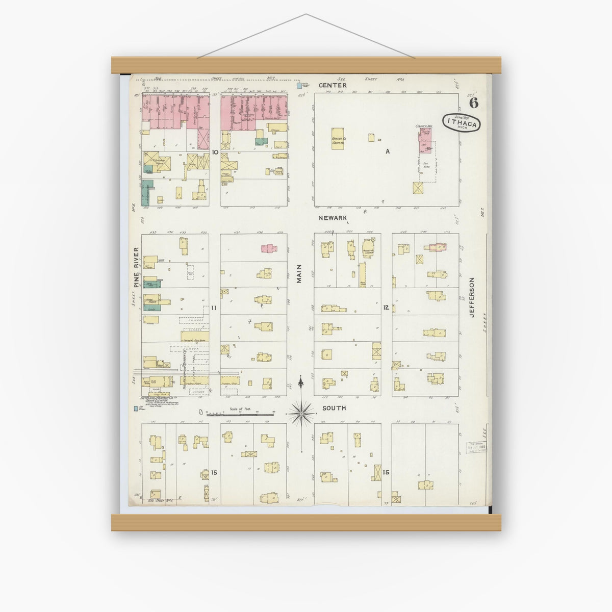 Old map wall art mockup — magnetic wood frame on white wall — Sanborn Fire Insurance Map from Ithaca, Gratiot County, Michigan (1891), Sheet #0006