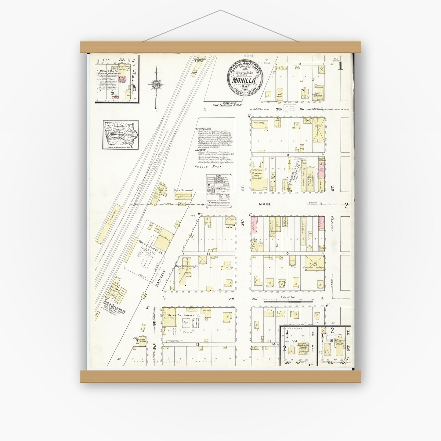 Old map wall art mockup — magnetic wood frame on white wall — Sanborn Fire Insurance Map from Manilla, Crawford County, Iowa (1914) â€” Complete Set